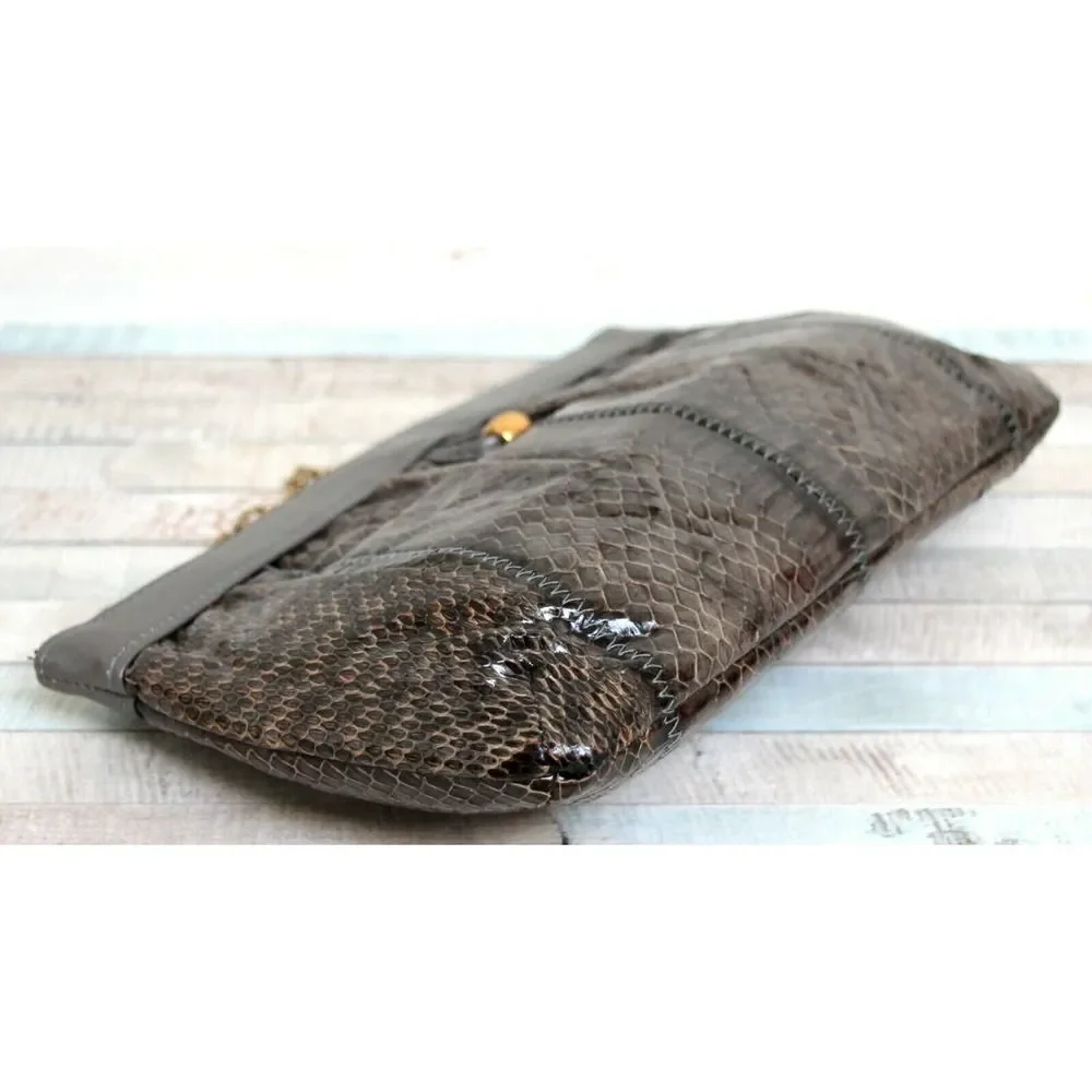 VTG MARGOLIN OLIVE GRAY SNAKE GENUINE LEATHER CHAIN CLUTCH ENVELOPE SHOULDER BAG